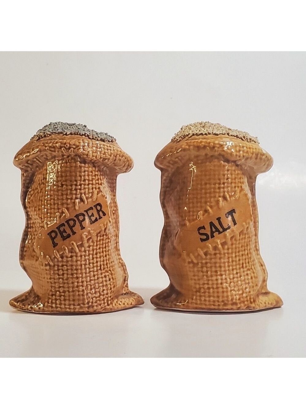 Salt & Pepper Vintage Ceramic Burlap Sack Shaker Set by "Our Own Import" Japan